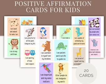 May include: Twenty colorful affirmation cards for kids featuring positive messages and cute animal illustrations. The cards include phrases like "I am loved and valued", "I am strong and brave", "I am worthy of love and respect", and "I am important and my voice matters".