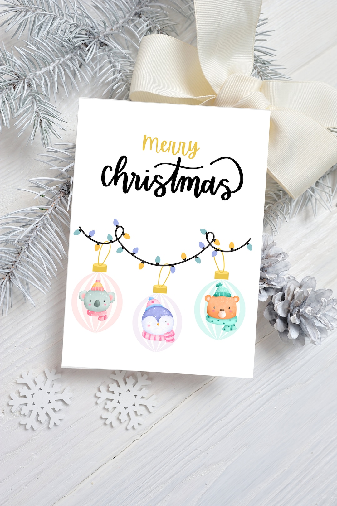Printable Cute Cartoon Ornaments Christmas Card Minimal Etsy