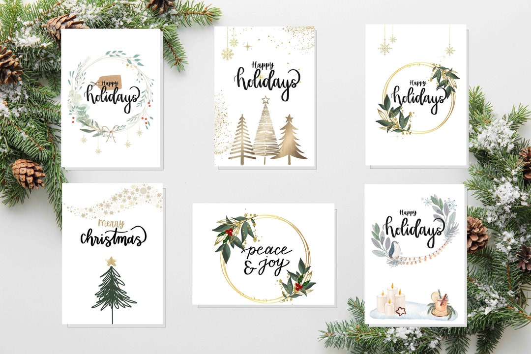 Printable Christmas Cards Bundle Set, Rustic Minimal Gold Aesthetic ...