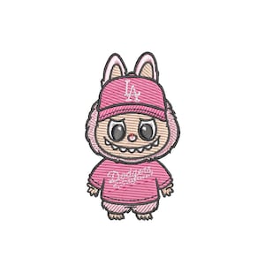 Pink Labubu Mascot Embroidery Design – Cute Cartoon Animal Patch – LA Dodgers Outfit – Machine Embroidery Kids Clothing Pattern