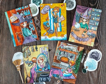 Set of 5 Postcards with a witch, Original illustration Bookish Gifts Watercolour magical cards A6 Art Card Halloween witches postcrossing
