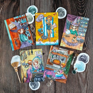 Zestaw 5 pocztówek z czarownicą, Oryginalna ilustracja Bookish Gifts Akwarelowe magiczne karty A6 Art Card Halloween czarownice postcrossing