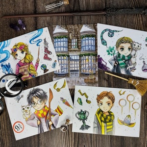 Conjunto de 5 cartões postais com ilustração de Hogwarts/Alunos da escola Wizard/Conjunto de cartões estilo desenho animado/Post Crossing Art Magic