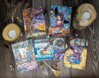 Set of 5 Postcards with a witch, Original illustration Bookish Gifts Watercolour magical cards A6 Art Card Halloween witches postcrossing