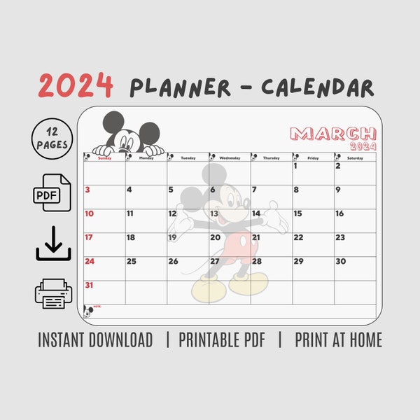 2024 Mickey Mouse Calendar, Mickey Mouse Calendar Digital Calendar, Calendar with Planner Notes, Mickey Mouse Fan Gift