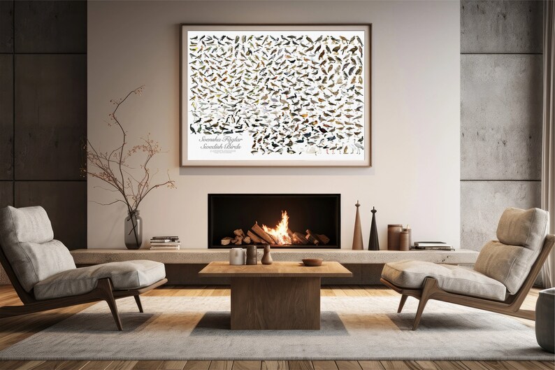 May include: A framed poster with a white background and a grid of colorful bird illustrations. The poster is titled "Scandinavian Flycatcher Scandinavian Birds". The poster is hanging on a white wall above a fireplace with a fire burning inside. There are two beige armchairs on either side of the fireplace.