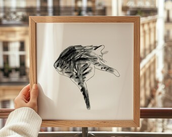 Arte de pared con descarga digital de gato gris, póster cuadrado con un lindo gato dormilón, adorable arte de gato, decoración para el hogar y la oficina, regalo de arte de pared para la sala de estar.