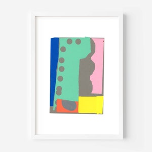 May include: Abstract art print featuring a colourful geometric design with shades of blue, green, grey, pink, and yellow. The design is made up of various shapes and patterns, including circles, squares, and wavy lines.