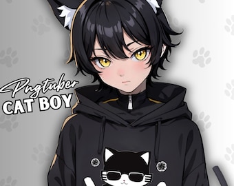 Hoodie Cat Boy PNGTUBER | Premade Male Model with Dark Hair for Vtubers & Streamers | Cute Mysterious Png Tuber