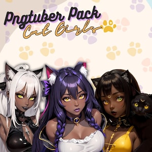 Paquet PNGTUBER | Filles chat noir | Tubercule png femelle à peau foncée | Chaton | Modèles violet, jaune, argent|Vtuber Asset| Diffusion 2D | Animaux
