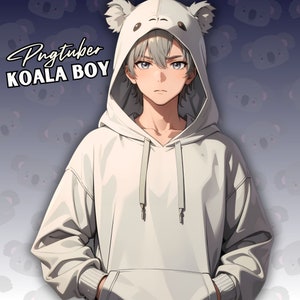 CUTE Koala Boy PNGTUBER ,Ideal for Streaming as a Reactive Premade Male Model, With Gray Hair & Hoodie, Easy Setup for Beginners