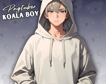 CUTE Koala Boy PNGTUBER ,Ideal for Streaming as a Reactive Premade Male Model, With Gray Hair & Hoodie, Easy Setup for Beginners