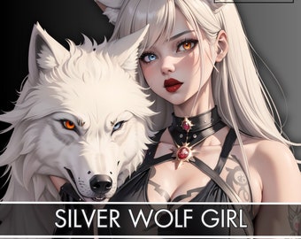 SILVER WOLF girl PNGTUBER | White Hair Female | Heterochromia Eyes| Ready To Use| VTuber, Twitch, Premade 2D Asset | 4 Expressions| 16 Png