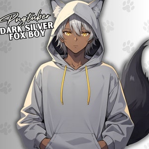 Dark Silver Fox Boy PNGTUBER, Dark Skin & Hoodie, Premade Male Model for Streaming