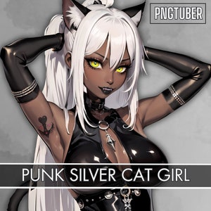 PNGTUBER BLACK CAT Mädchen | Weiße Haare Dunkelhäutig weiblich | Gebrauchsfertig | VTuber, Twitch, vorgefertigtes 2D-Asset |4 Expressions|16 Png