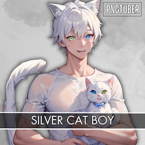 SILVER CAT boy PNGTUBER| White Kitten |Heterochromia Eyes|Ready To Use|VTuber, Premade 2D Asset| Veadotube|3 Expressions|12 Png|Pet Pngtuber