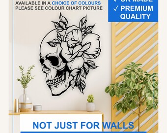 Floral Skull Vinyl Wall Decal – Gothic Rose Skull Sticker (Black, White, More)