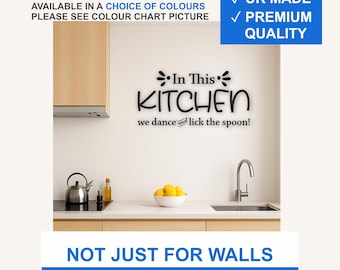 In This Kitchen We Dance and Lick the Spoon Vinyl Wall Decal – Matte Quote Sticker (Black, White, More)