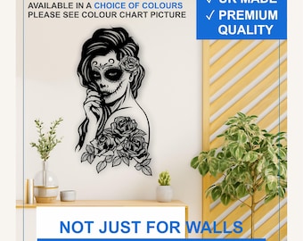 Sugar Skull Woman Vinyl Wall Decal – Day of the Dead Rose Sticker (Black, White, More)
