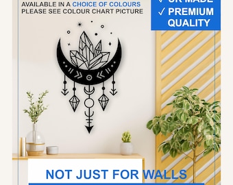 Crystal Moon Vinyl Wall Decal – Celestial Boho Witchy Sticker (Black, White, More)