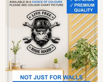 Biker Gorilla Vinyl Wall Decal – Live Free Ride Hard Garage Sticker (Black, White, More)
