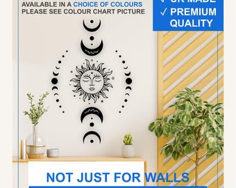 Sun and Moon Phase Vinyl Wall Decal – Matte Celestial Boho Sticker (Black, White, More)