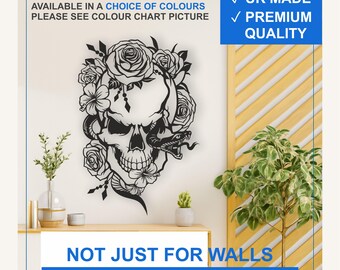 Floral Skull Vinyl Wall Decal – Gothic Snake Tattoo Sticker (Black, White, More)