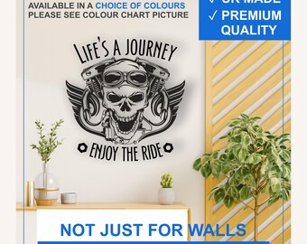 Biker Skull Vinyl Wall Decal – Life’s a Journey Enjoy the Ride Sticker (Black, White, More)