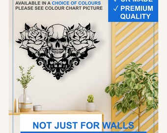 Skull and Roses Vinyl Wall Decal – Gothic Floral Tattoo Sticker (Black, White, More)