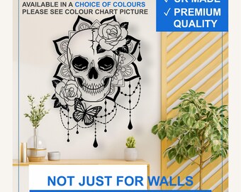 Skull and Roses Vinyl Wall Decal – Gothic Butterfly Mandala Sticker (Black, White, More)