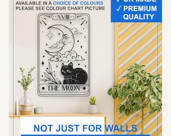 Tarot Moon Card Vinyl Wall Decal – Celestial Cat Boho Sticker (Black, White, More)