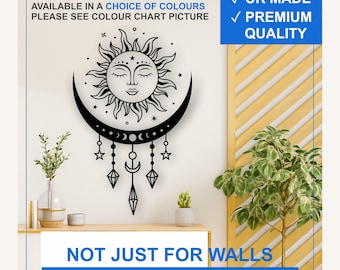 Sun and Moon Vinyl Wall Decal – Matte Celestial Boho Sticker (Black, White, More)