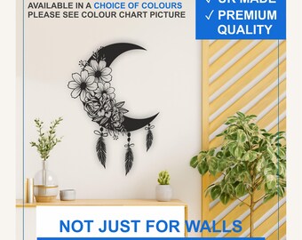 Floral Moon Vinyl Wall Decal – Boho Crescent Moon with Flowers & Feathers Sticker (Black, White, More)
