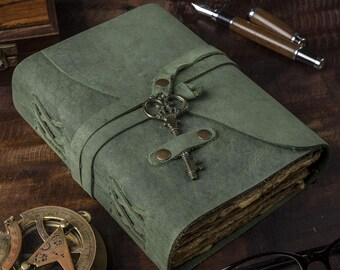 Forest Green Leather Journal with Lock, Handmade Grimoire for Spells, Vintage Deckle Edge Paper Sketchbook, Gift for Men & Women