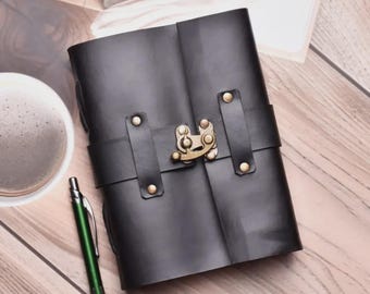 Handmade Black Leather Journal with Brass Lock | Vintage Travel Diary | Refillable Notebook | Gift for Writers | Unisex Leather Sketchbook