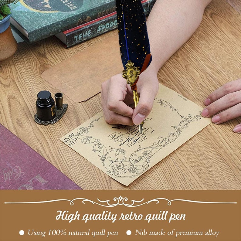 Quill Pen and Ink Set, Calligraphy Feather Pen With Wax Seal Stamp ...