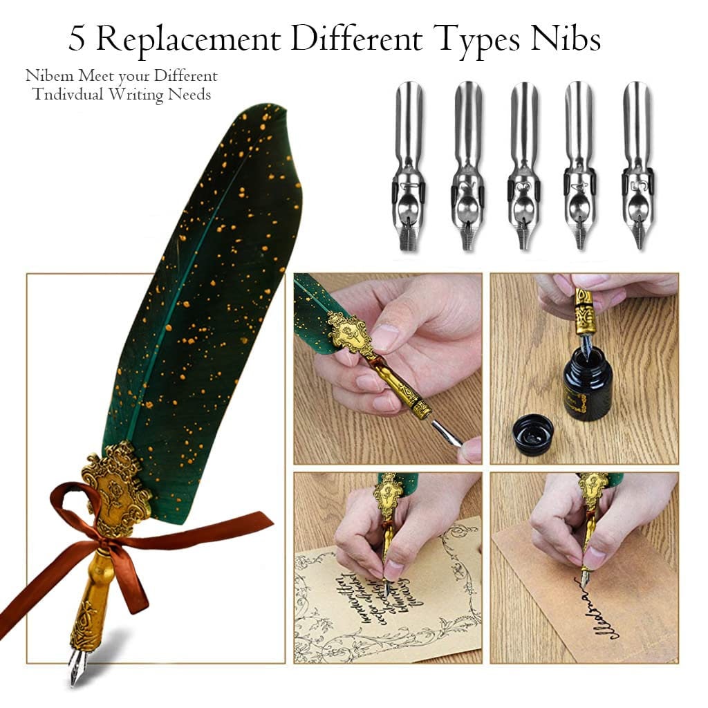 Quill Pen and Ink Set, Calligraphy Feather Pen With Wax Seal Stamp ...