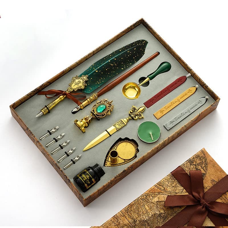 Anglekai Quill Pen and Ink Set, Calligraphy Feather Pen Set with Wax Seal Stamp, Ink, and Wax Seal Sticks, Replacement Nibs, Spoon, Envelope Letter