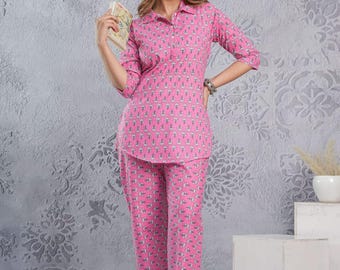Pure Cotton Kurta Pant for Women Handmade Indian Co-Ord Set Block Print Kurti Suit Summer Ethnic Outfit Comfortable Daily Wear Set