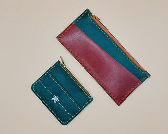 Emerald Set: leather slim wallet, leather cardholder coin purse