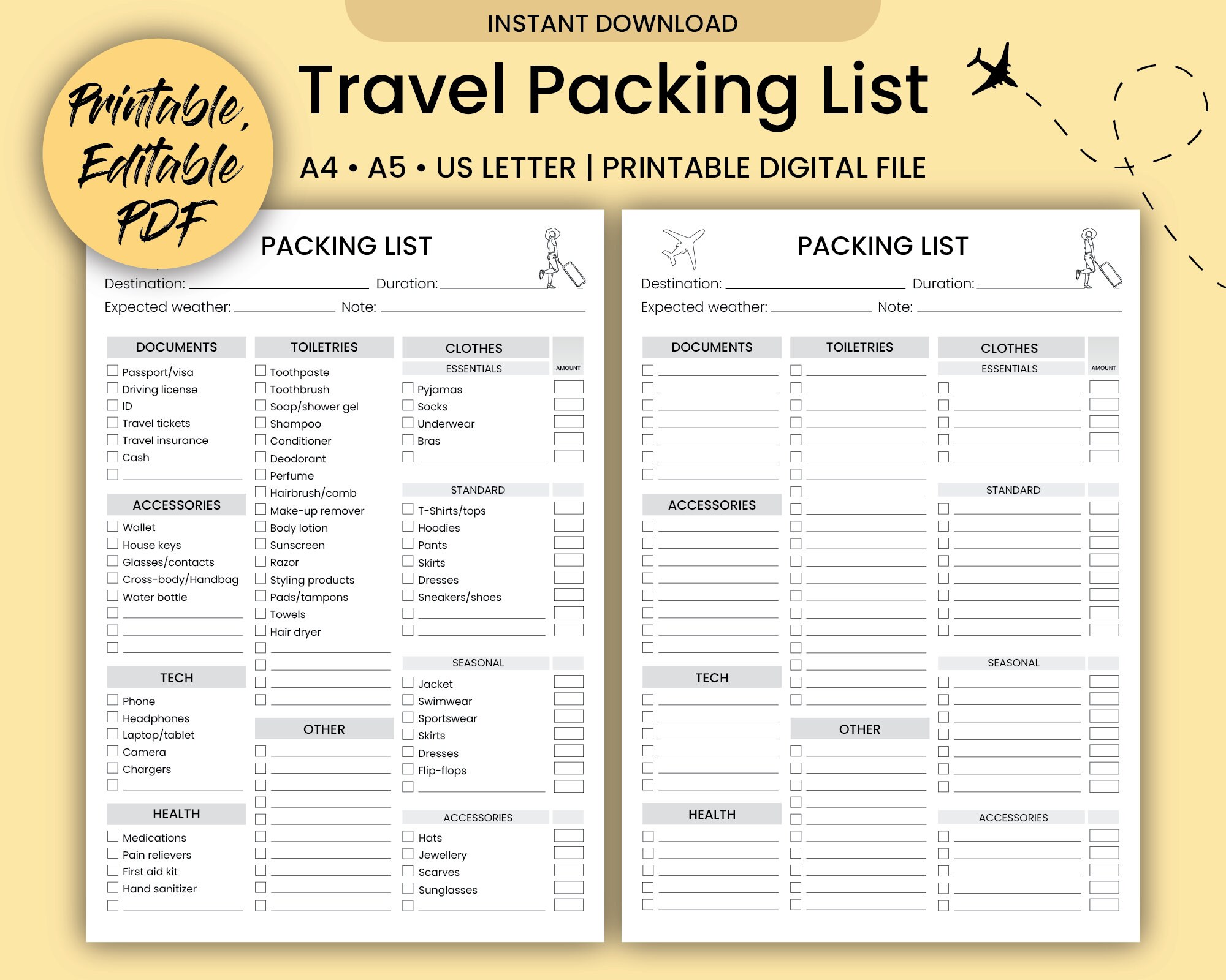 Travel Packing List Template A4- PDF Printable (291012)