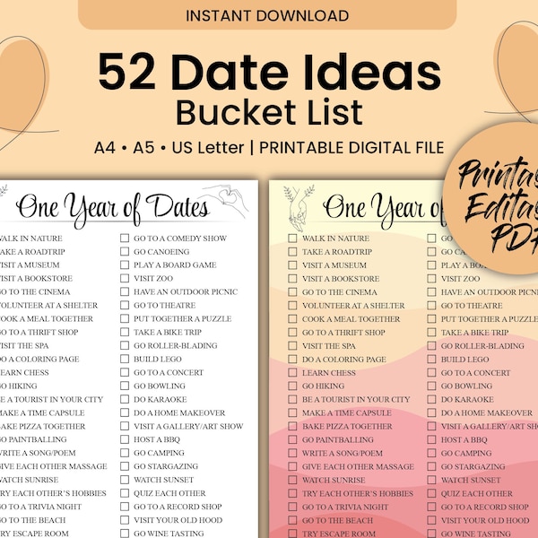 52 Date Bucket List for Couples | Romantic date night ideas gift for him | Date ideas gift for boyfriend