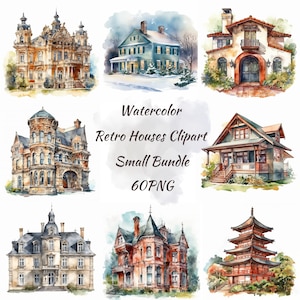 Watercolor Retro Houses Clipart Bundle,Vintage Village Clipart,Vintage Mansions,Hand-drawn Style Countryside PNG,Suburban House, Cute House