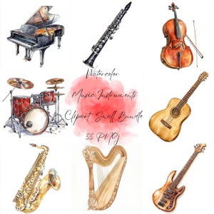Aquarel muziekinstrumenten clipartbundel, muziekschool png, kindermuziek clipart, bandinstrumenten kunst, muziekstickers png, gitaren muzieknummer
