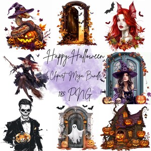 Clipart Halloween aquarelle, sorcière noire Png, graphiques de chat noir, Halloween magasin Png, clipart magasin de costumes, clipart vieux château, éléments effrayants