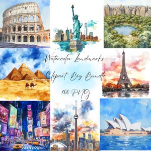 Pacote de clipart de marcos populares em aquarela, clipart de viagens pelo mundo, marcos nacionais, viajar pelo mundo png, cidades famosas png, arte de cidades famosas