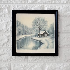 Original Oil Painting: Winter Forest Landscape, Snowy River Cabin