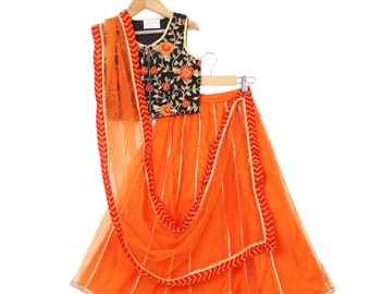 Black heavy Embroidered with chin front open choli and Orange Lehenga