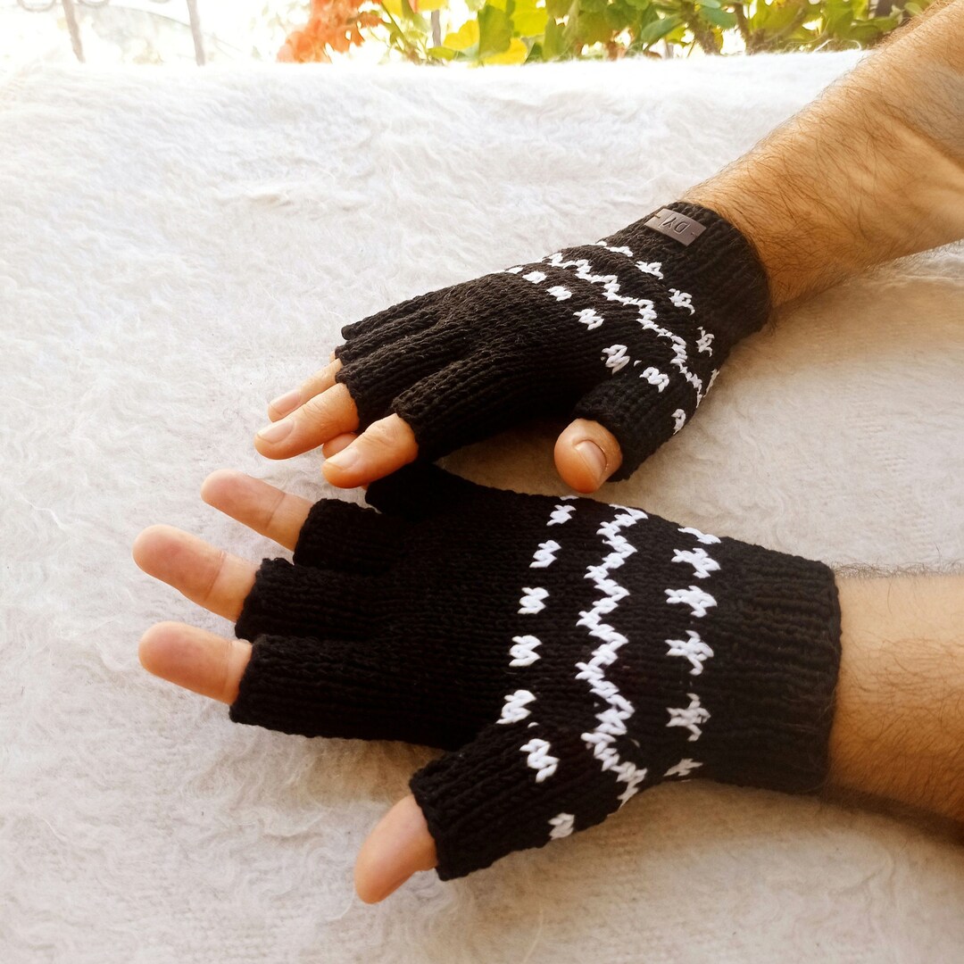 Black Handknitted Organic Cotton Half-finger Gloves: Personalized ...