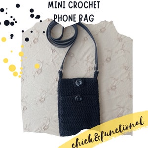 Black Mini Crochet Phone Bag , Beach Bag for Women , Mobile Phone Pouch with Artificial Leather Strap